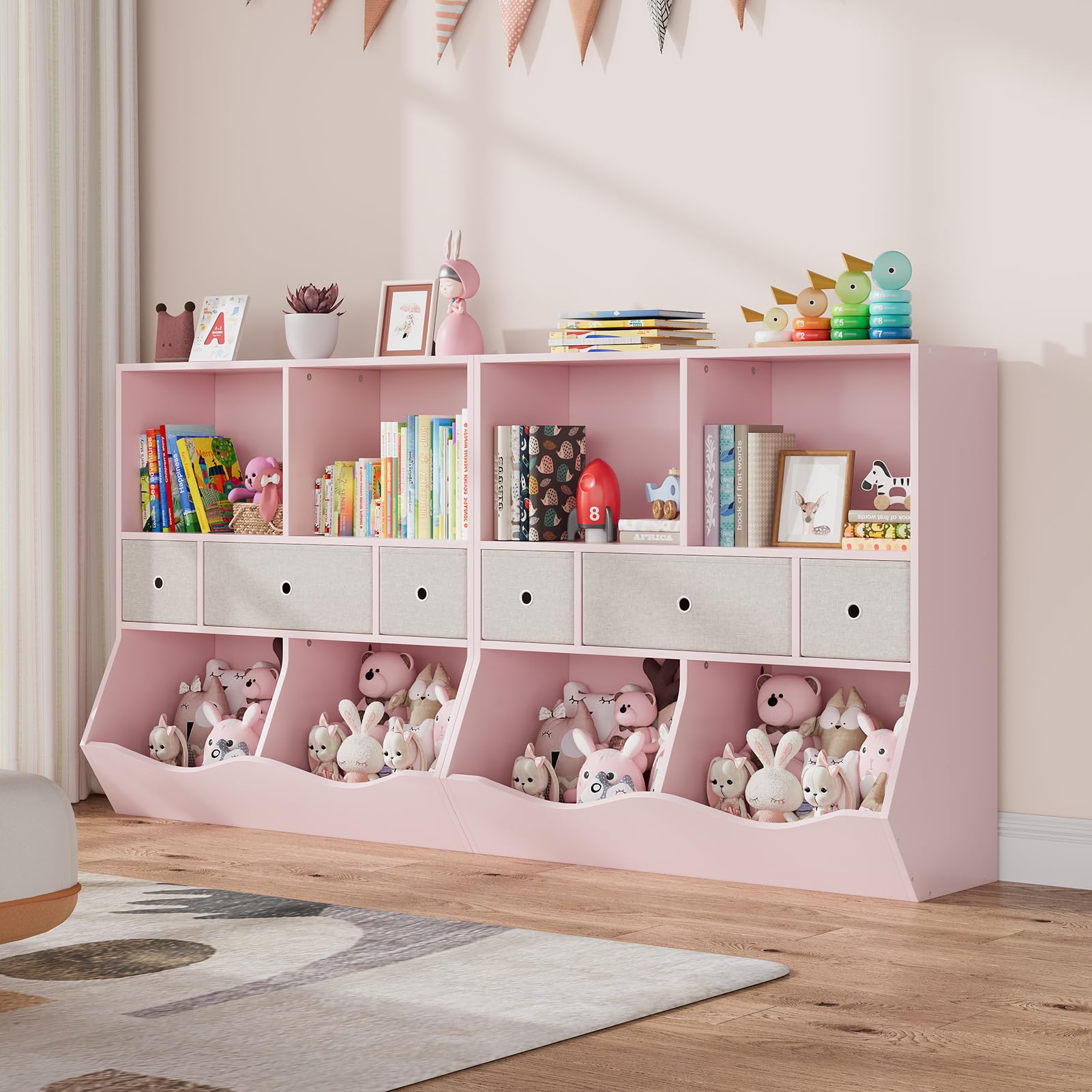 Organisateur de jouets pour enfants Garvee à 7 compartiments et 3 tiroirs, idéal pour la salle de jeux et le couloir, en bois rose, robuste et écologique.
