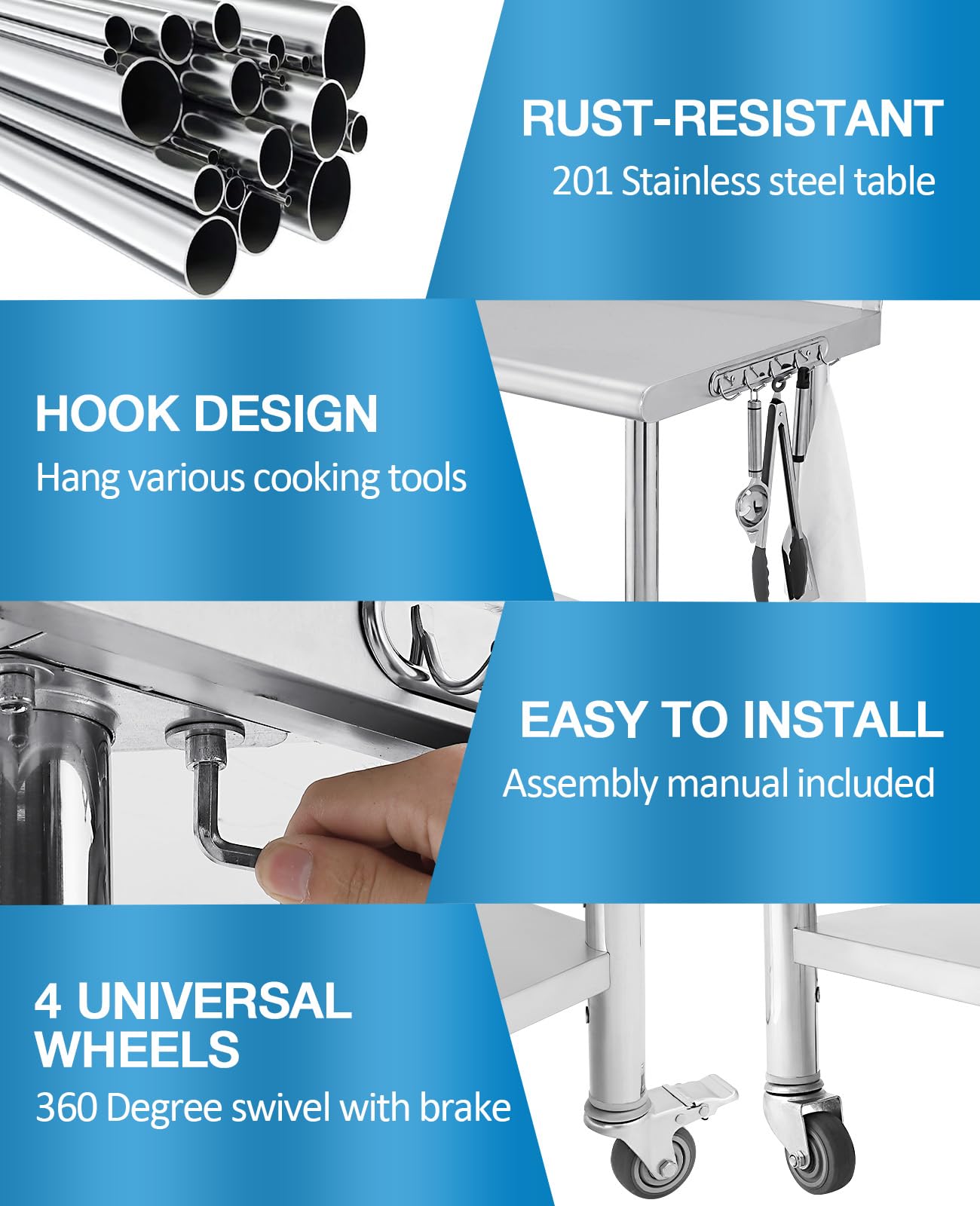 Garvee Table de préparation inox avec 5 crochets et roulettes, meuble mobile pour cuisine professionnelle