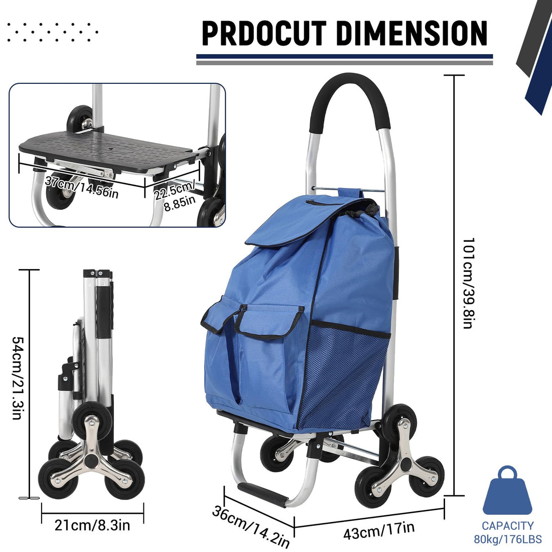 Chariot de courses pliable 3 en 1 Garvee avec monte-escalier à 6 roues, sac en tissu Oxford de 36 L, léger et ergonomique, idéal pour les courses et le jardin, capacité de charge de 80 kg, noir