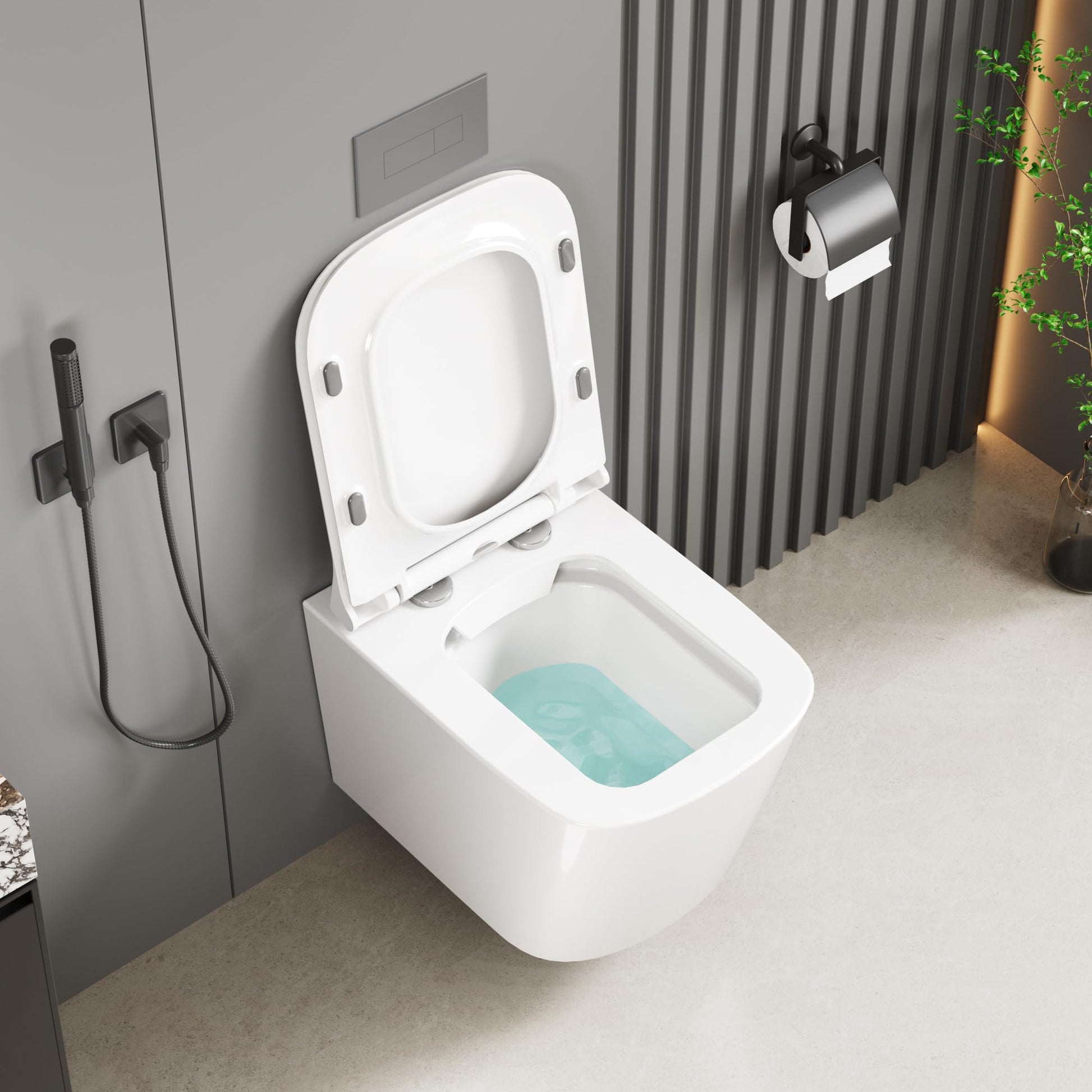 GARVEE WC Sospeso Senza Bordi WC suspendu en céramique forme D 55,5 cm blanc couvercle automatique