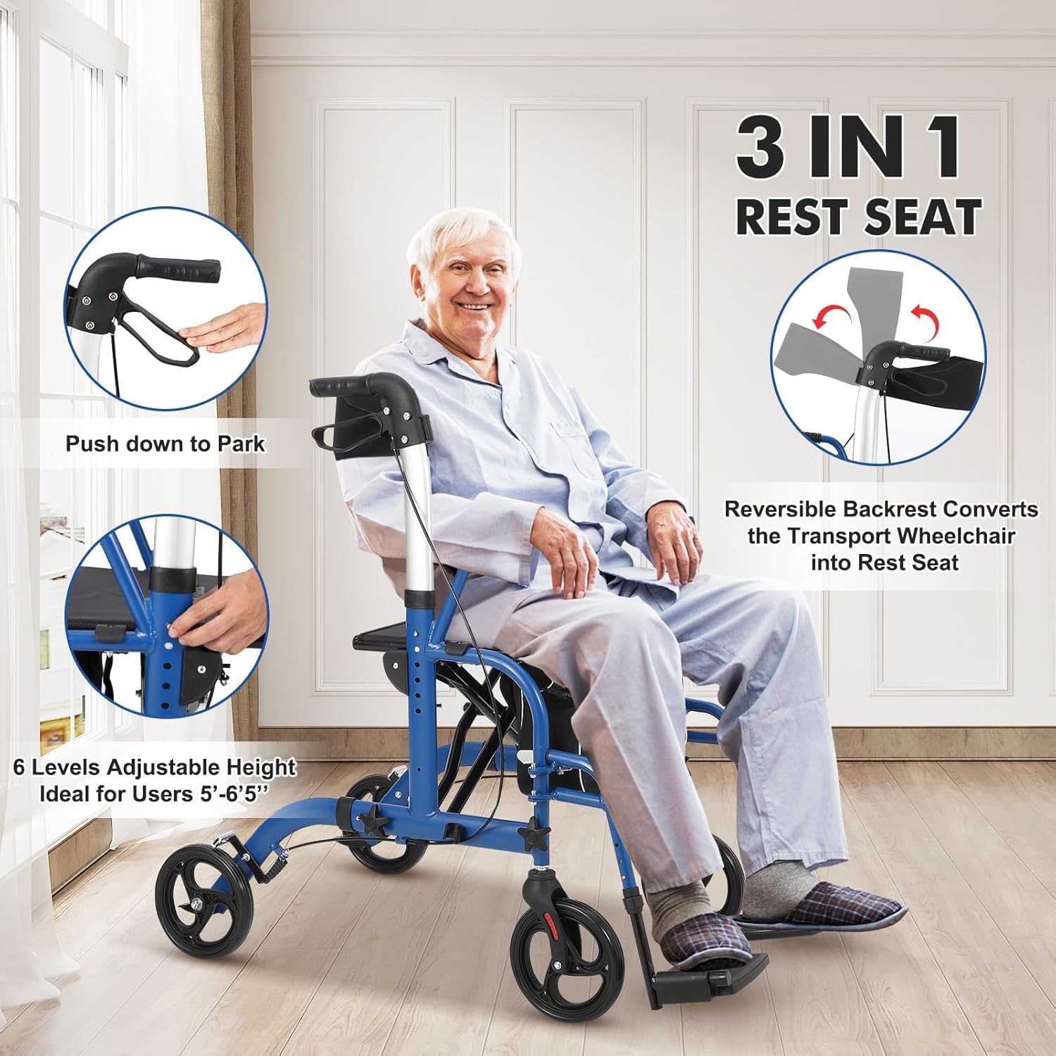 Garvee Rollator 2 en 1 pour seniors, aluminium pliable, roues anti-crevaison 25 cm, accoudoirs et repose-pieds amovibles, intérieur/extérieur, bleu et noir