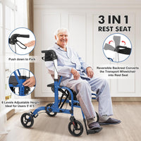 Garvee Rollator 2 en 1 pour seniors, aluminium pliable, roues anti-crevaison 25 cm, accoudoirs et repose-pieds amovibles, intérieur/extérieur, bleu et noir