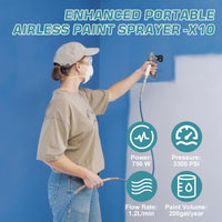 Pistolet à peinture sans air Garvee X10, débit 0,32 GPM, pression 3300 PSI, puissance 750 W, avec kit de nettoyage et rallonge pour maison et clôture.