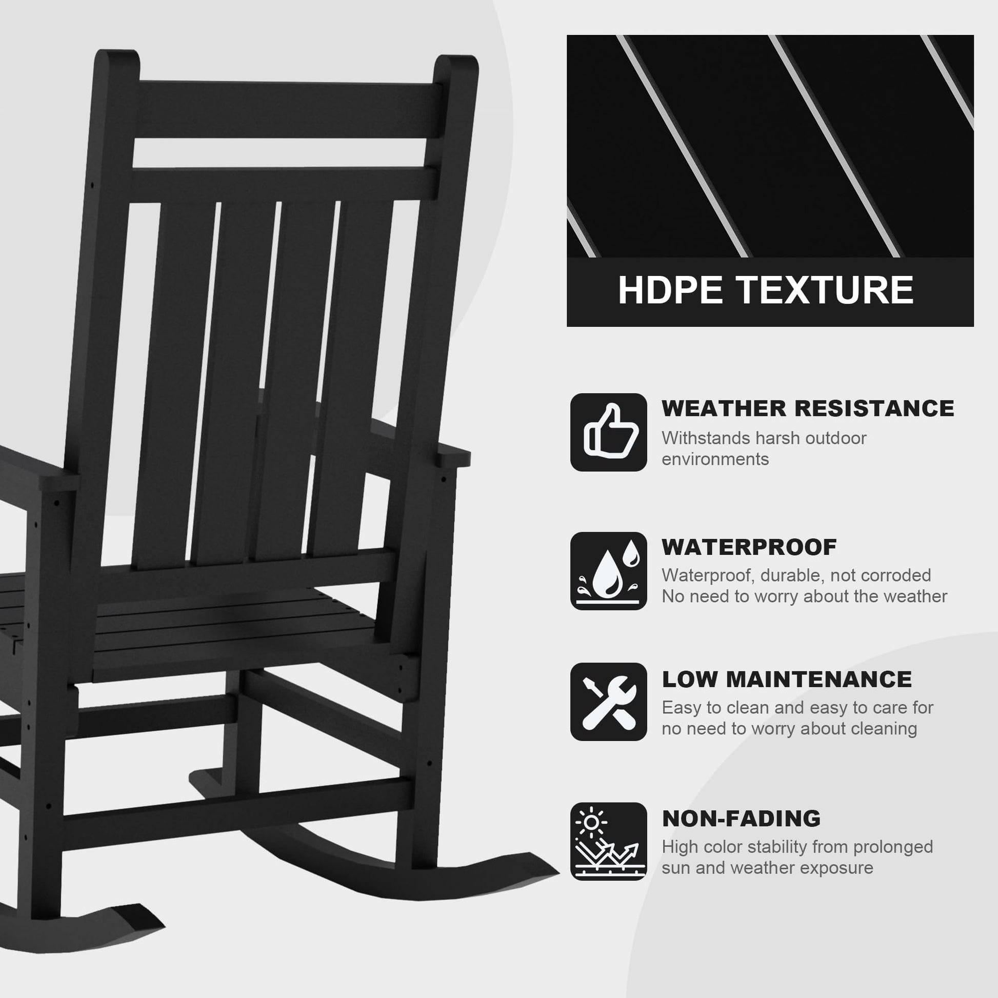 Garvee Fauteuil à bascule d’extérieur en HDPE noir, assise large avec accoudoirs spacieux, résistant aux intempéries, pour jardin et porche