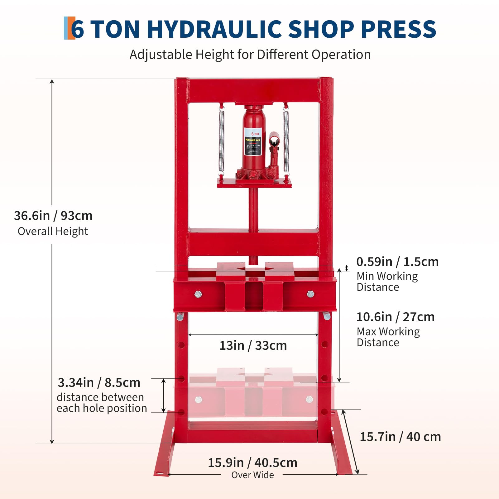 Garvee Presse hydraulique 6 t à cadre en H réglable, plaques doubles en acier résistant, pour atelier auto, rouge