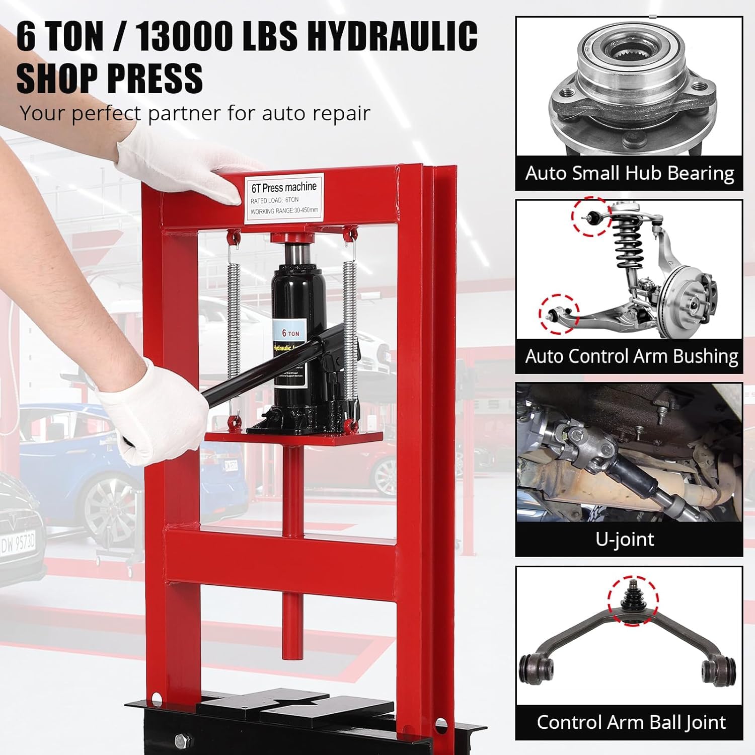 Presse hydraulique Garvee 6 tonnes, châssis en acier à cadre en H réglable pour atelier/garage, 6 tonnes, acier