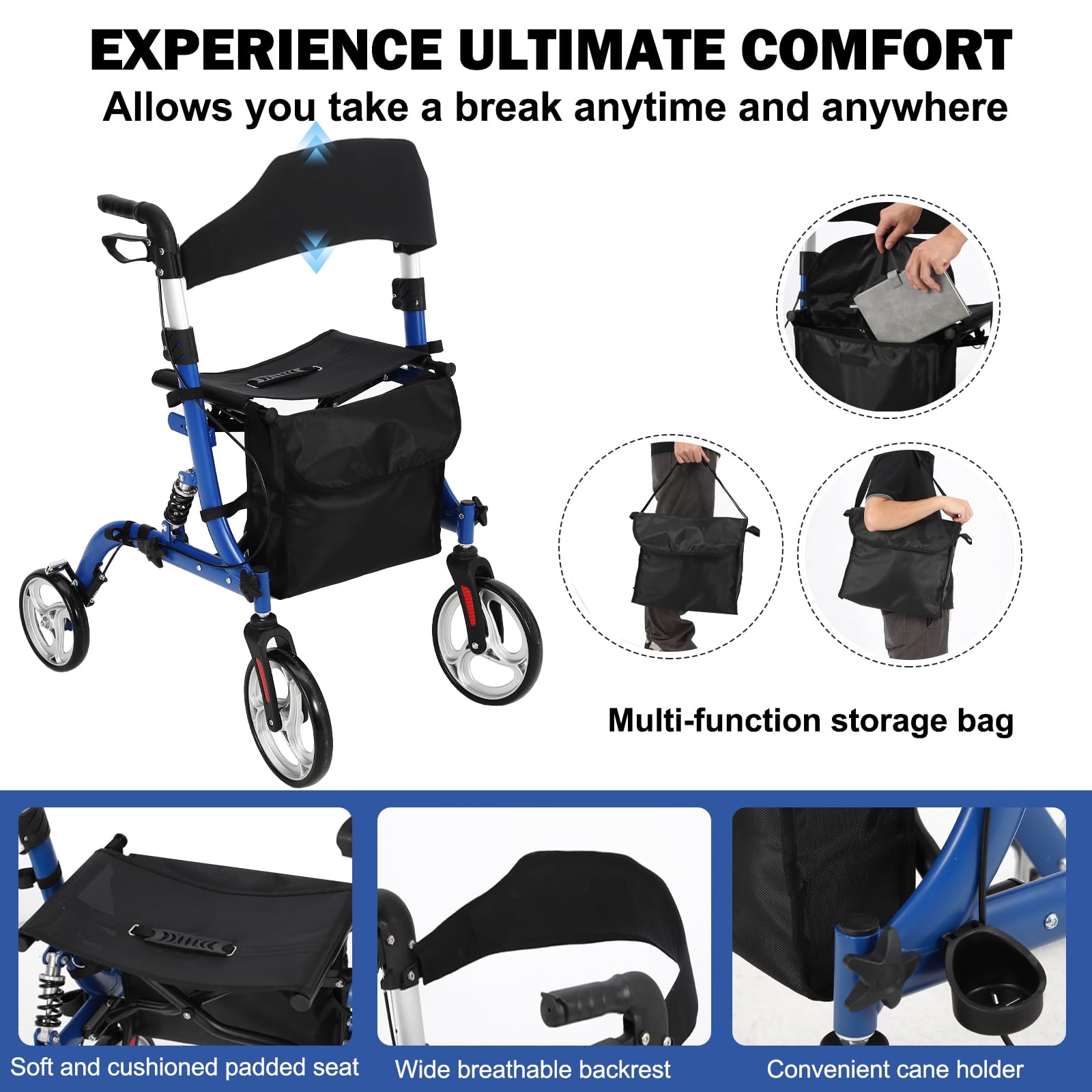 Garvee Déambulateur senior pliable en aluminium léger, roues 30 cm avec amortisseurs, siège rembourré, hauteur réglable, intérieur/extérieur, bleu et noir