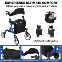 Garvee Déambulateur senior pliable en aluminium léger, roues 30 cm avec amortisseurs, siège rembourré, hauteur réglable, intérieur/extérieur, bleu et noir