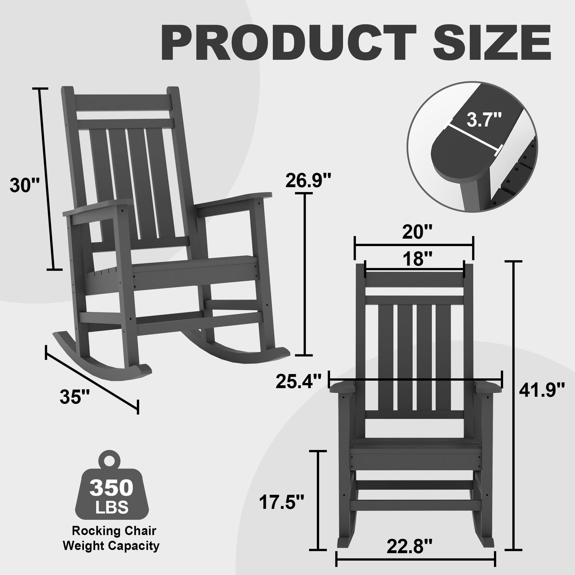 Garvee Fauteuil à bascule d’extérieur en HDPE gris, résistant aux intempéries, assise ergonomique 51 cm, capacité 158 kg