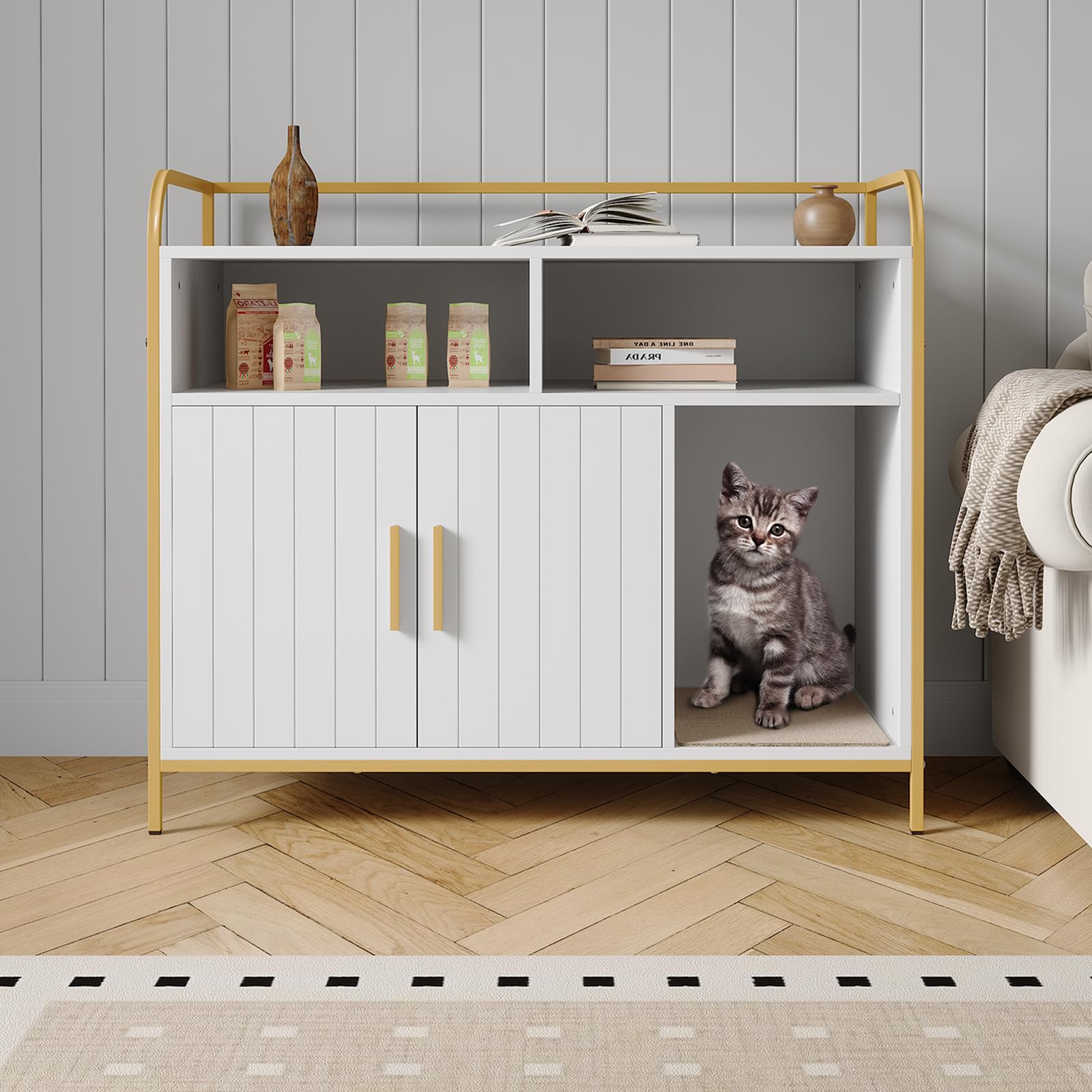 Meuble pour litière Garvee avec 2 compartiments de rangement, tapis à griffer, armoire à double porte, entrée frontale, blanc, 95 x 45 x 82 cm