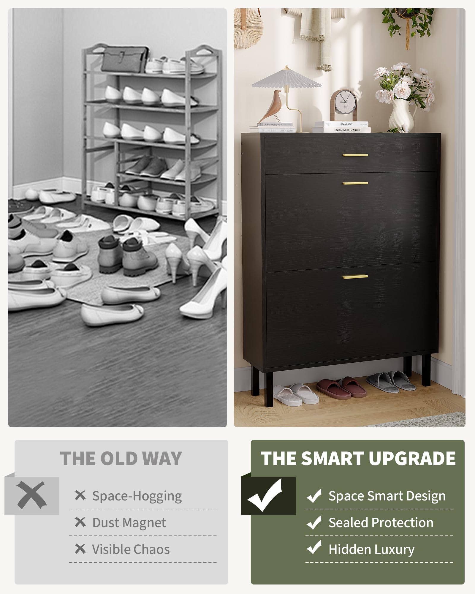 Meuble à chaussures étroit Garvee avec 3 tiroirs, étagères réglables, en MDF, stable et idéal pour l'entrée ou le couloir. Design moderne, coloris naturels.