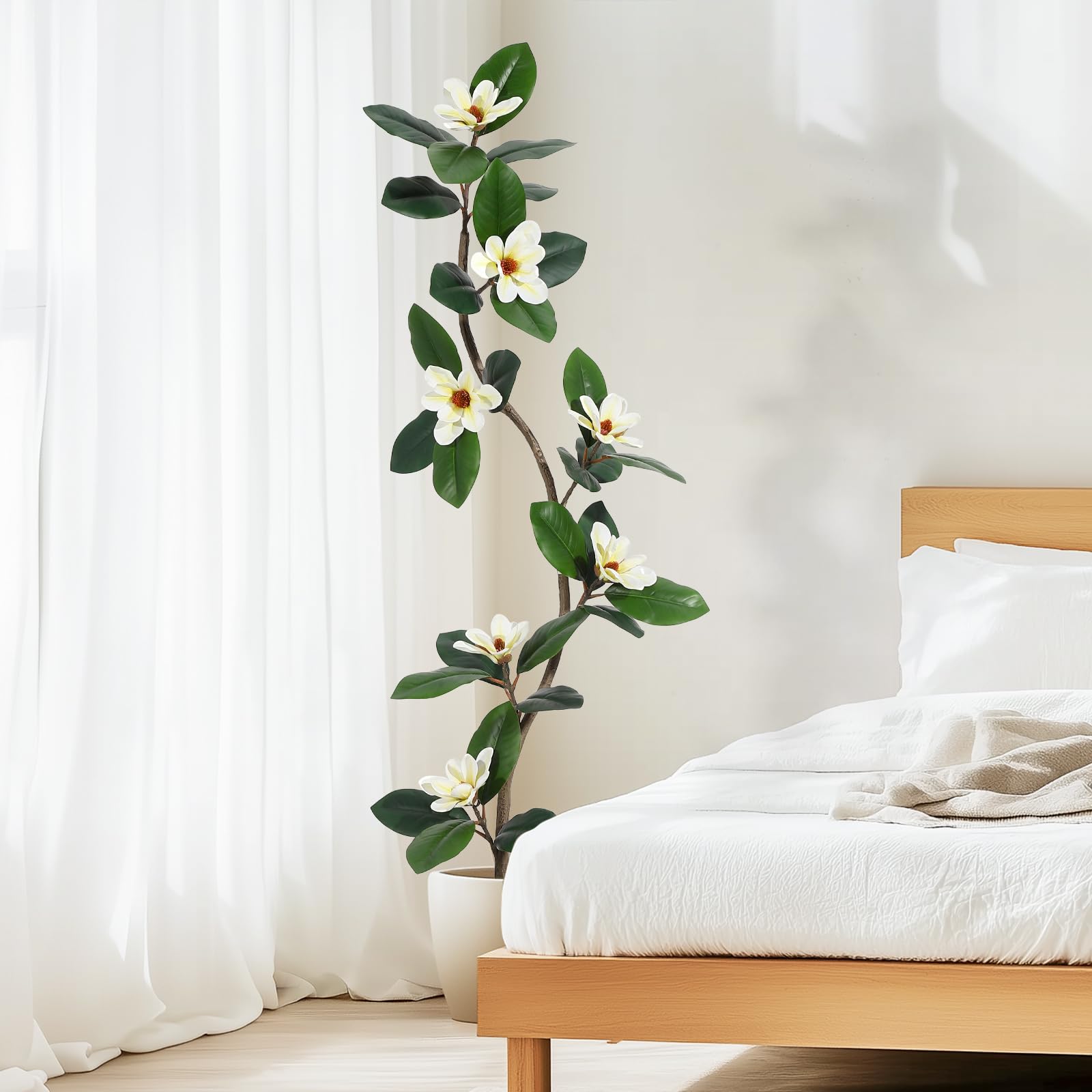 Garvee Arbre artificiel caoutchouc 152 cm en pot blanc, plante d’intérieur avec 7 fleurs de magnolia, idéale salon, bureau et décoration maison.