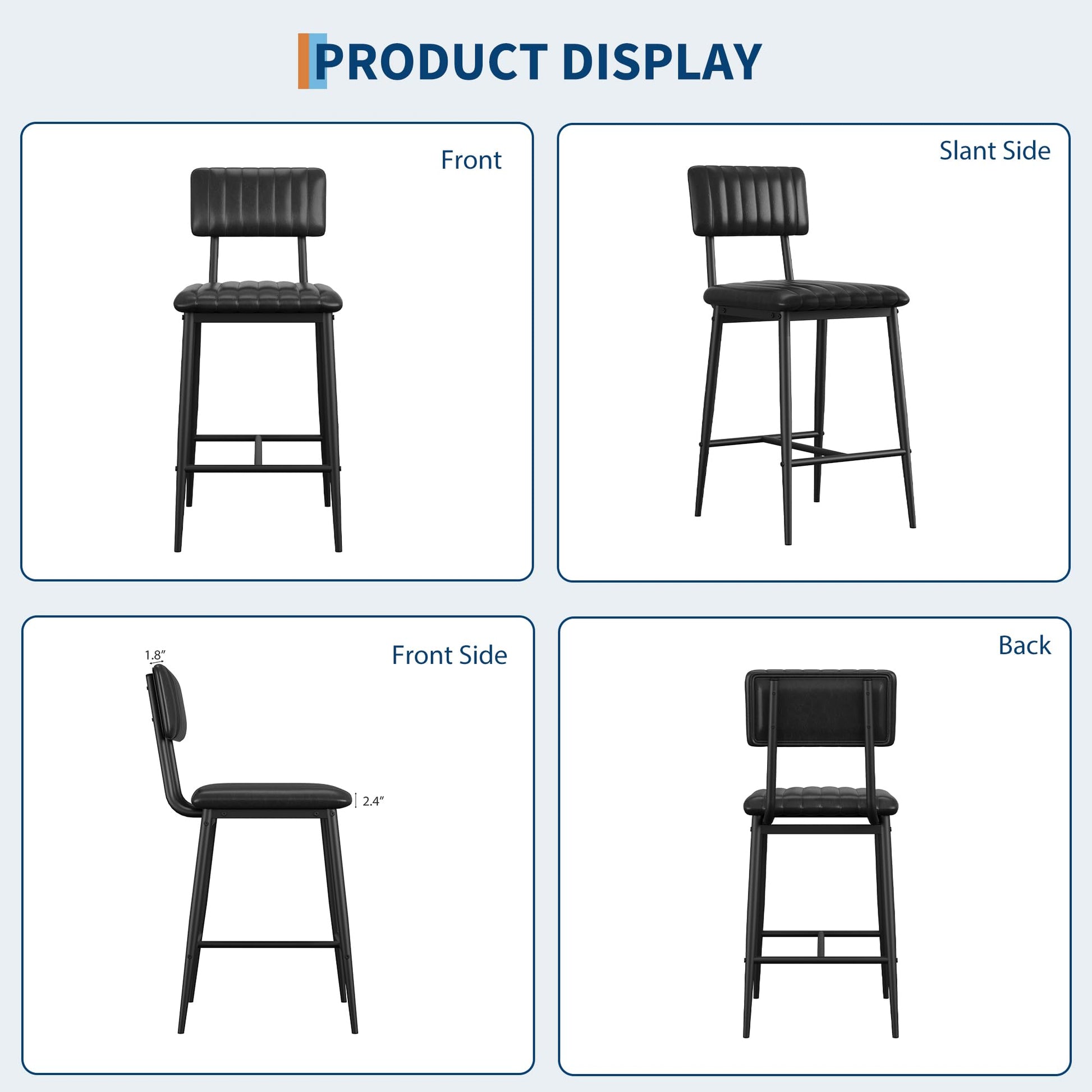 Ensemble de 2 tabourets de bar Garvee, en cuir PU, rembourrage épais, pieds en métal, dossier et repose-pieds, idéal pour îlot de cuisine, 65 cm (25,6 pouces), stable et élégant.