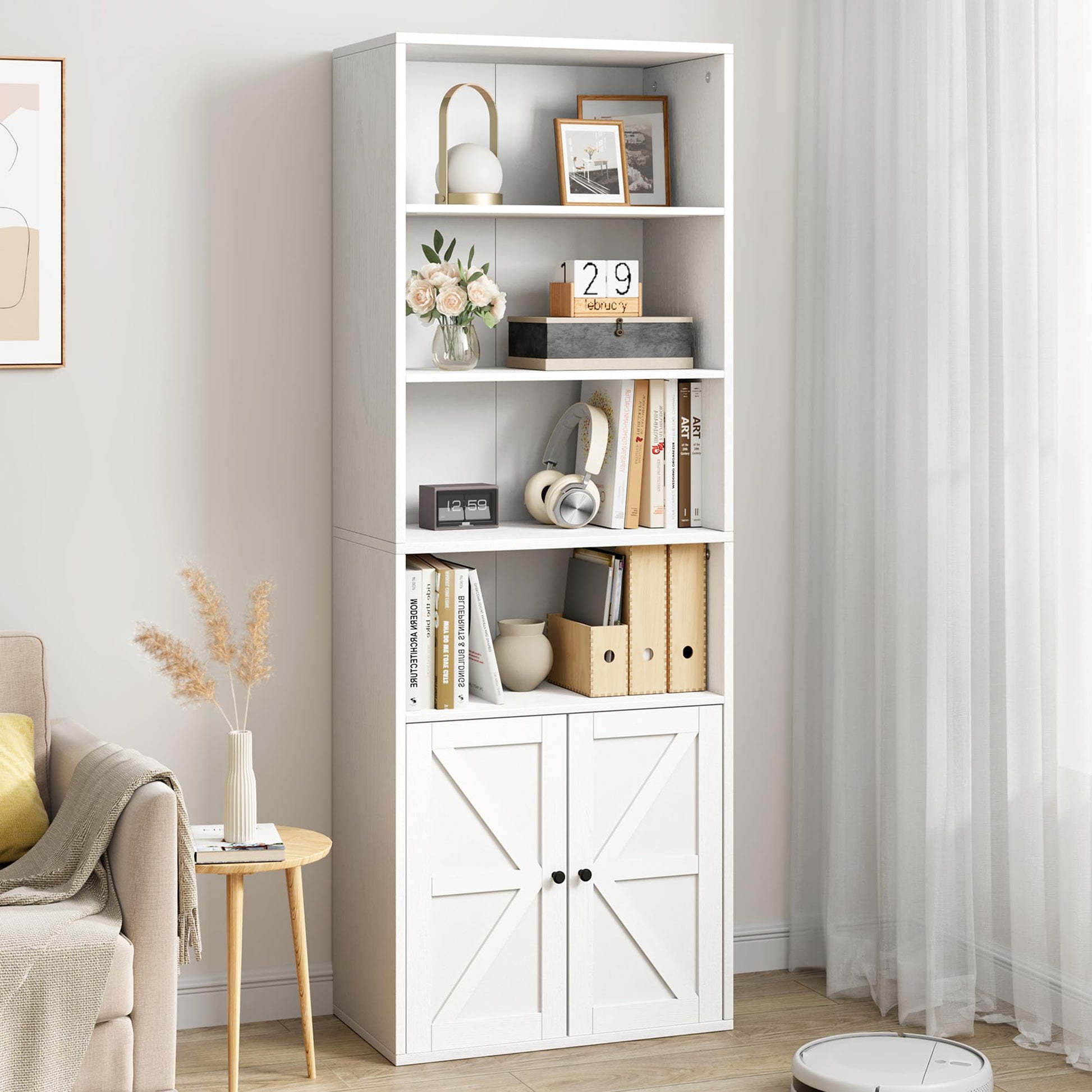 Garvee bibliothèque blanche avec portes, style industriel, 6 étagères, bois, profondeur 30 cm, hauteur 181 cm, idéale pour une maison de campagne, un salon ou un bureau