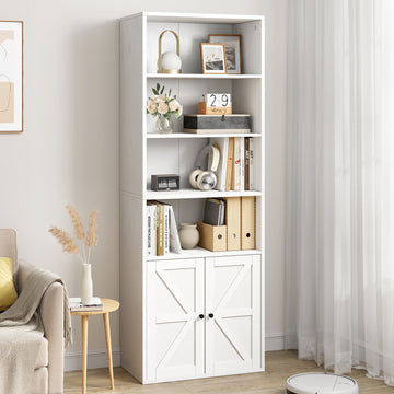 Garvee bibliothèque blanche avec portes, style industriel, 6 étagères, bois, profondeur 30 cm, hauteur 181 cm, idéale pour une maison de campagne, un salon ou un bureau