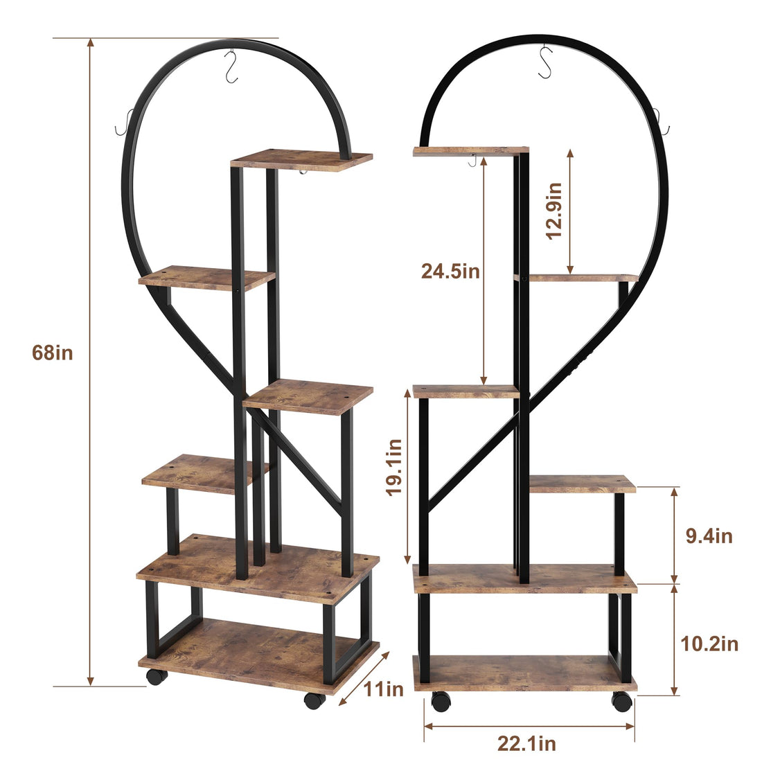 Garvee lot de 2 supports à plantes 6 niveaux avec roulettes, métal et étagères en bois, hauteur 173 cm, brun effet bois tigré