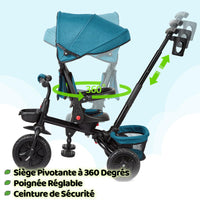 Tricycle enfant Garvee 6 en 1 avec barre de poussée, pliable et pare-soleil, pour enfants de 9 mois à 5 ans, vert