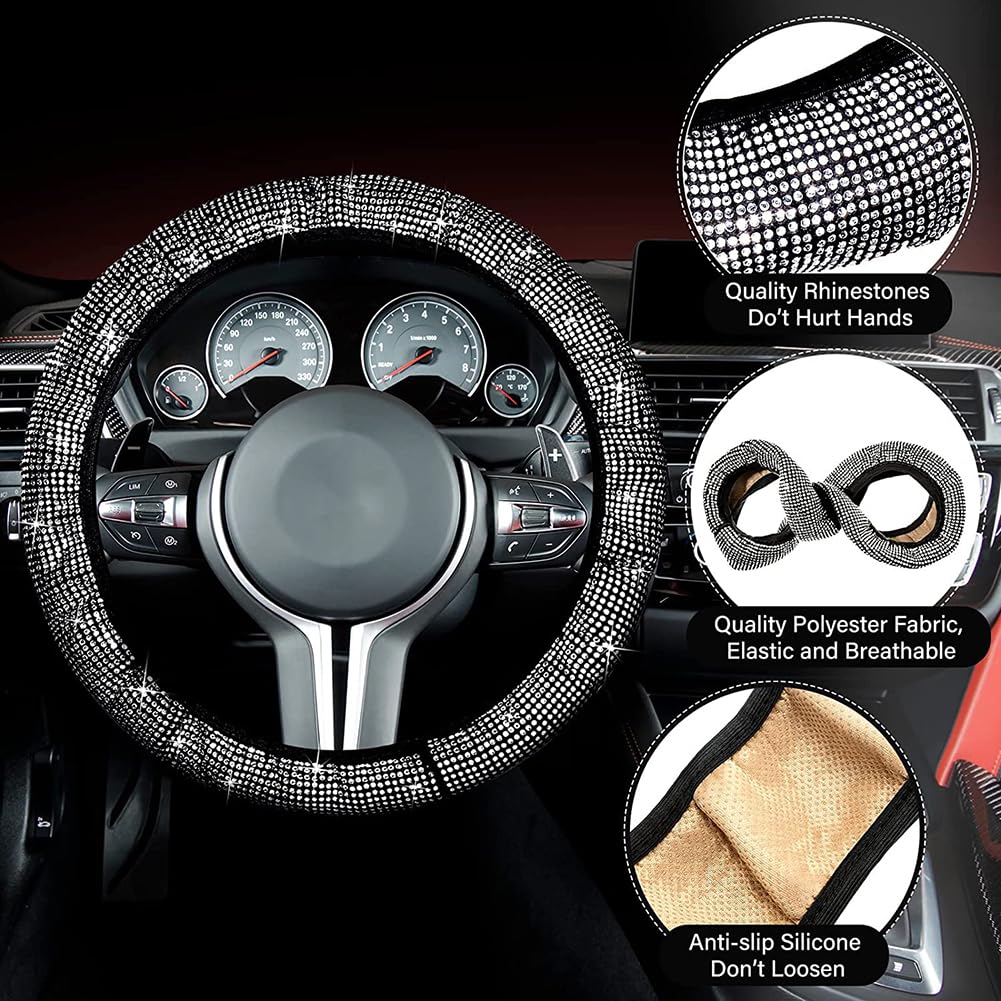 Garvee Ensemble de 15 housses de siège auto scintillantes pour femmes, housse de volant en cristal, matière velours, respirante, intérieur de voiture universel