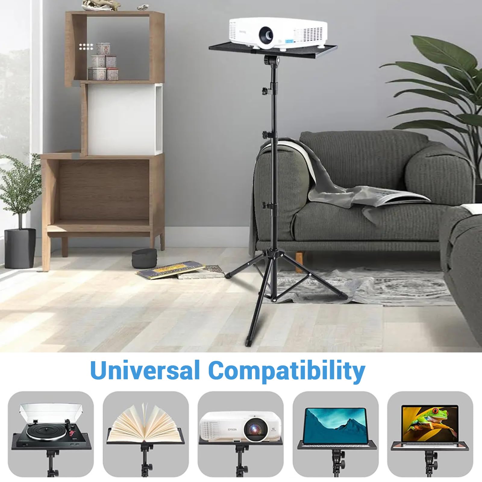 Support de projecteur Garvee avec support pour ordinateur portable réglable en hauteur (66-160 cm), trépied en métal robuste, antidérapant et pliable, idéal pour le bureau, la scène et le studio, noir.