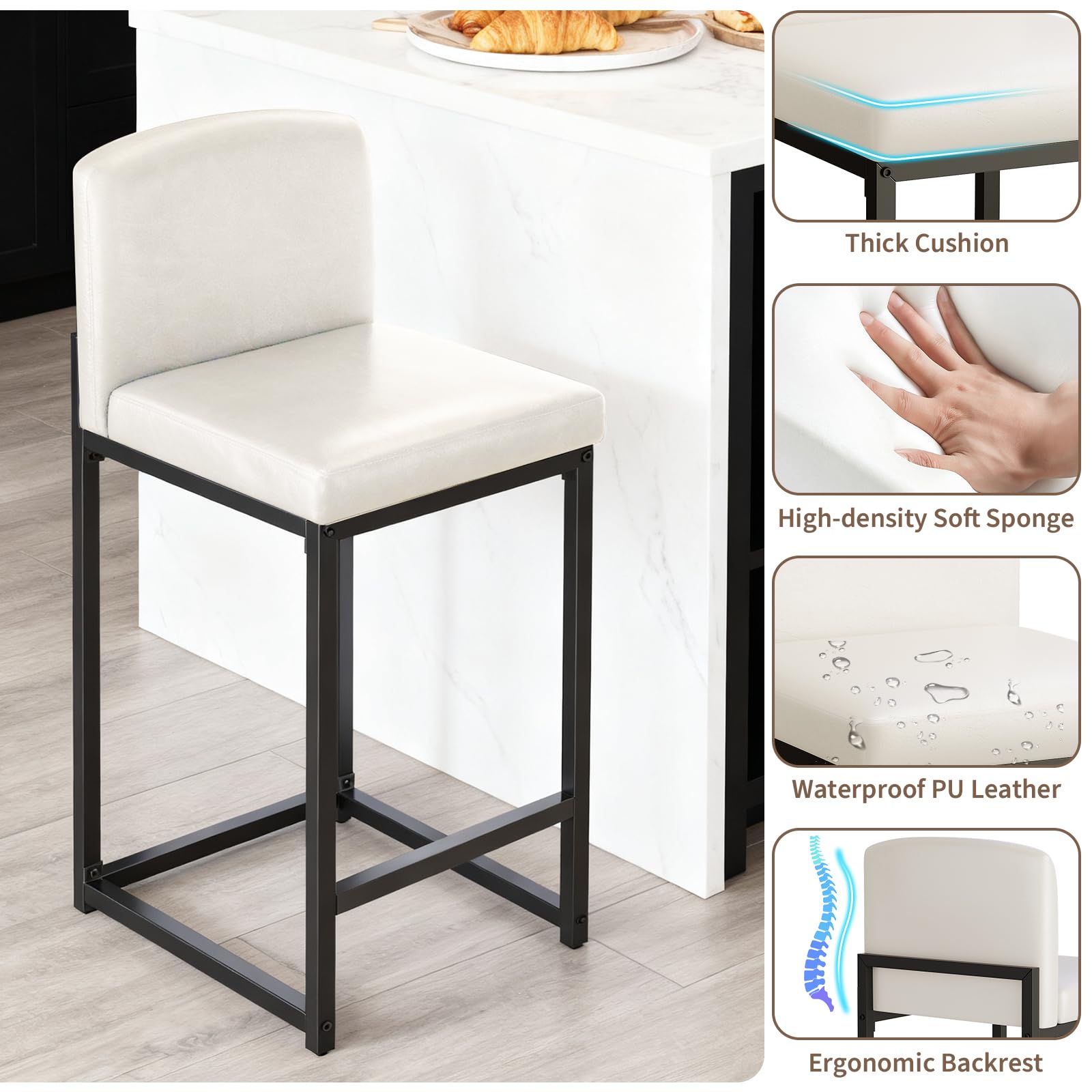 Ensemble de 2 tabourets de bar Garvee, style moderne, hauteur 61 cm, revêtement en similicuir, structure en métal, idéal pour la cuisine et la salle à manger, gain de place, noir