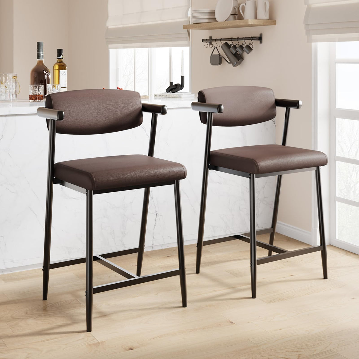 Garvee Tabourets de bar modernes 66 cm avec accoudoirs et dossier, assise large rembourrée, structure métallique, gris et marron, lot de 2