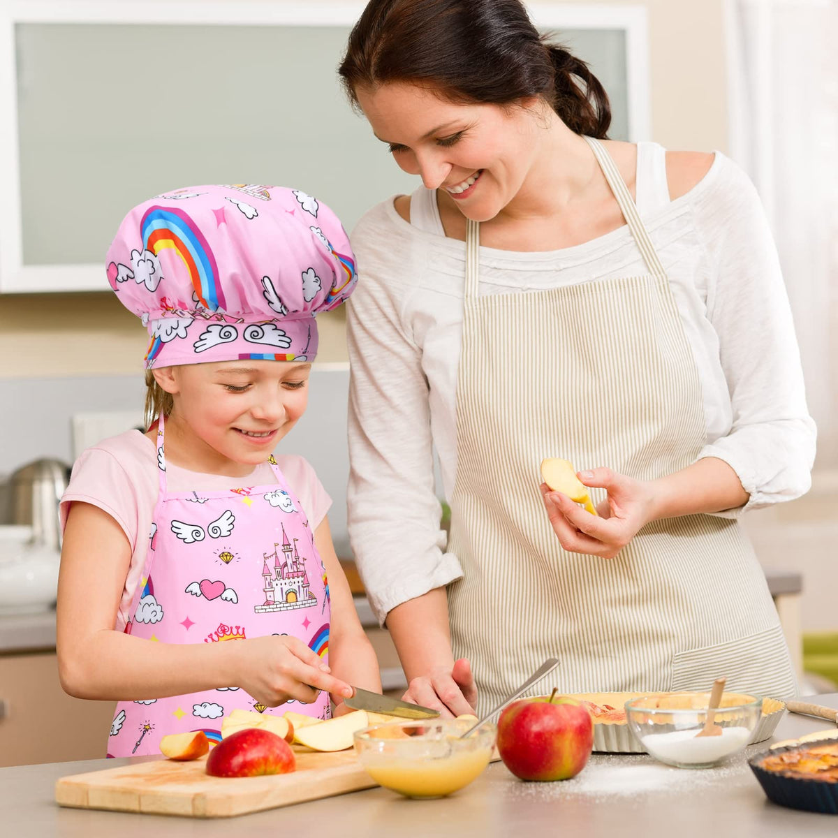 Garvee Ensemble de cuisine et pâtisserie pour enfants,2pièces avec toque et tablier rose et vert,accessoires pour jeux d’imitation et cadeaux