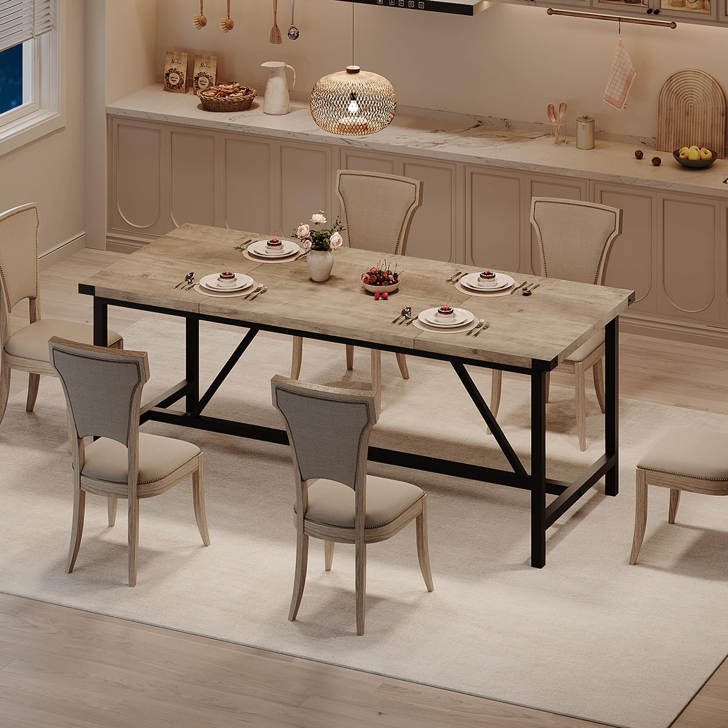 Table de salle à manger rectangulaire Garvee pour 6 à 8 personnes, structure robuste en MDF et acier, style industriel, gris rétro, idéale pour les salles à manger et les grands espaces.