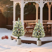 Garvee Lot de 2 sapins de Noël LED 75 cm, PVC effet neige floquée, avec baies rouges, boules dorées, décorations et lumières, pour intérieur et extérieur