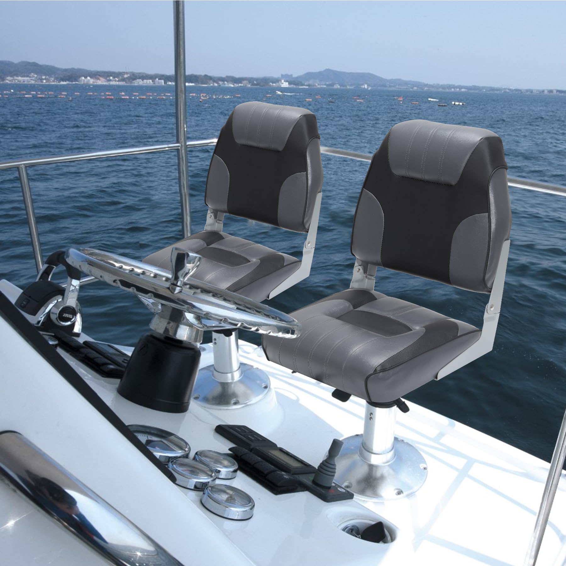 Garvee lot de 2 sièges de bateau pliants à dossier bas, mousse épaisse, PVC résistant, charnières aluminium, gris et noir