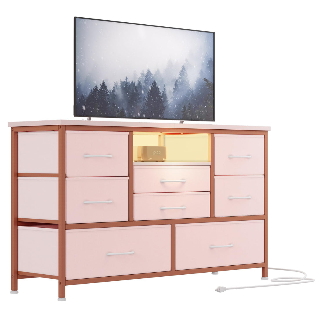 Meuble TV Garvee à 8 tiroirs avec éclairage LED et prise électrique pour salon et chambre, en MDF, éclairage RGB, grand espace de rangement, blanc