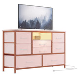 Garvee Meuble TV à 8 tiroirs avec éclairage LED et prise électrique pour salon et chambre, en MDF, éclairage RGB, grand espace de rangement, blanc - Rose