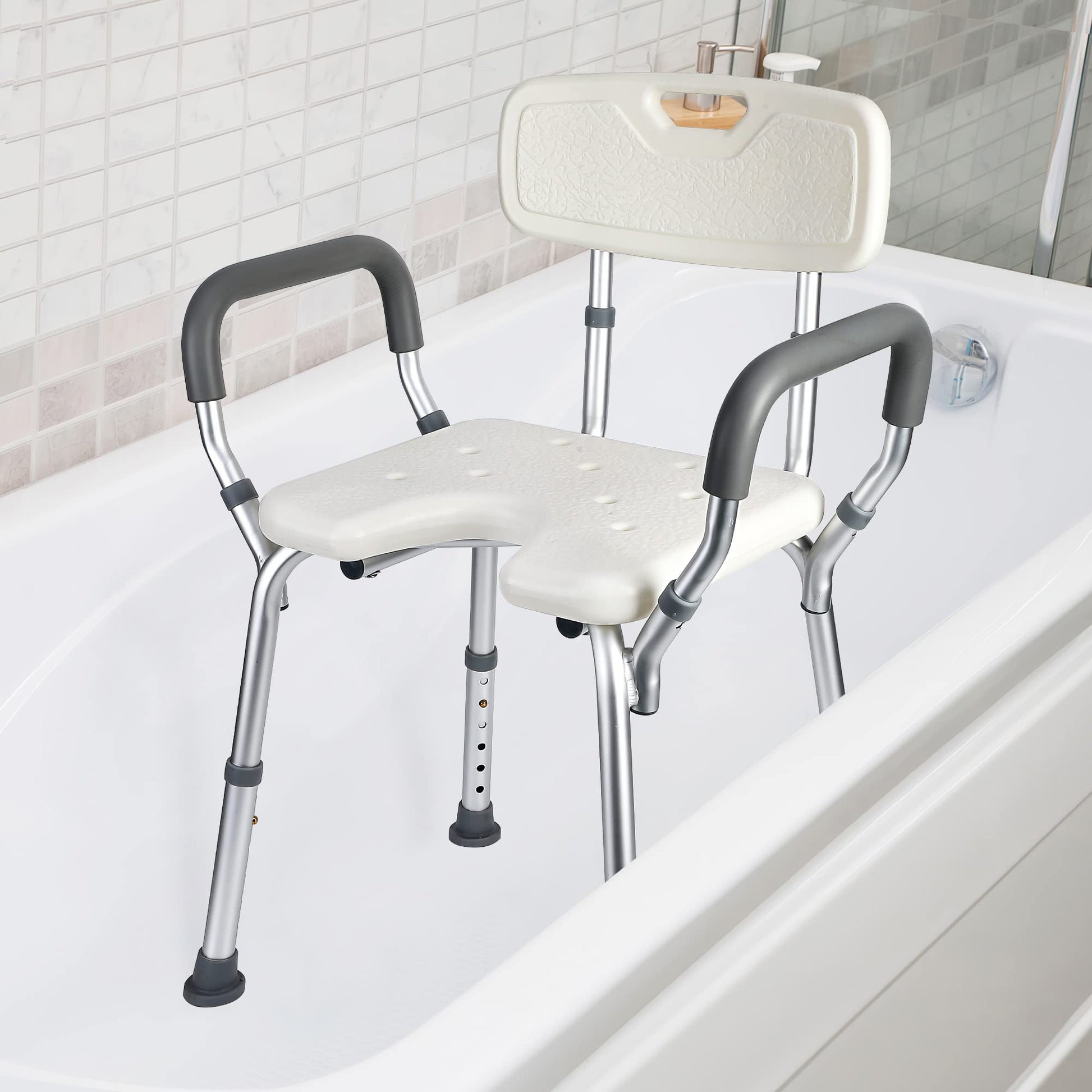 GARVEE Siège de douche en U avec dossier et accoudoirs réglables, structure aluminium, assise antidérapante, pour seniors, PMR et salle de bain, argenté