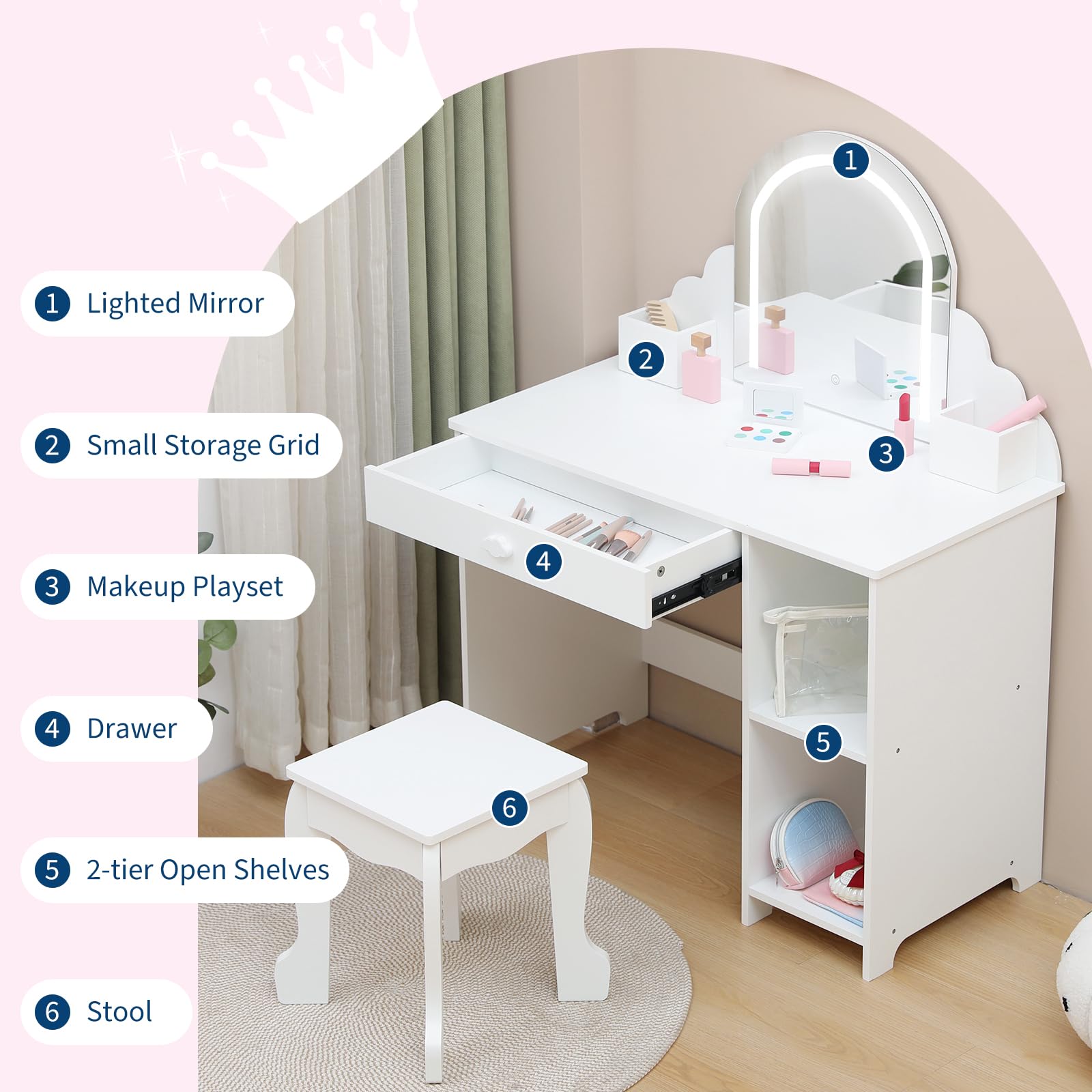 Garvee Coiffeuse Enfant avec Miroir LED et Tabouret, pour Filles 3–9 Ans, MDF Sûr, Éclairage Réglable, Grand Rangement, Blanc
