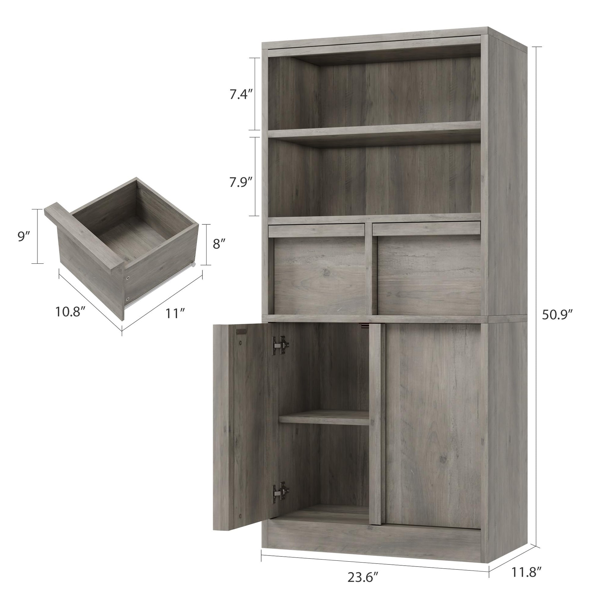 Armoire de salle de bain haute Garvee avec portes et 2 tiroirs, 130 cm de hauteur, MDF, imperméable, résistant aux rayures, autoportante, grise, polyvalente