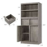 Armoire de salle de bain haute Garvee avec portes et 2 tiroirs, 130 cm de hauteur, MDF, imperméable, résistant aux rayures, autoportante, grise, polyvalente