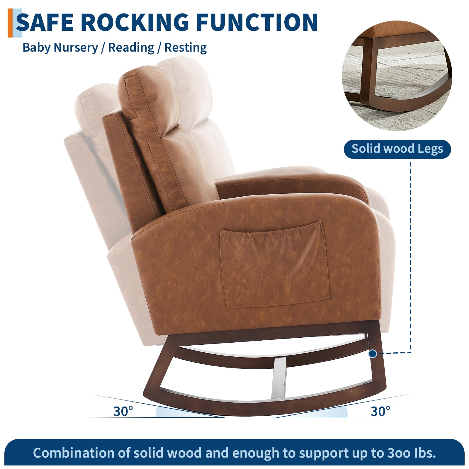 Fauteuil à bascule moderne Garvee pour chambre d'enfant, en cuir PU, avec dossier haut de 66 cm, ergonomique et stable, et poche latérale, noir. Idéal pour le salon et la chambre.