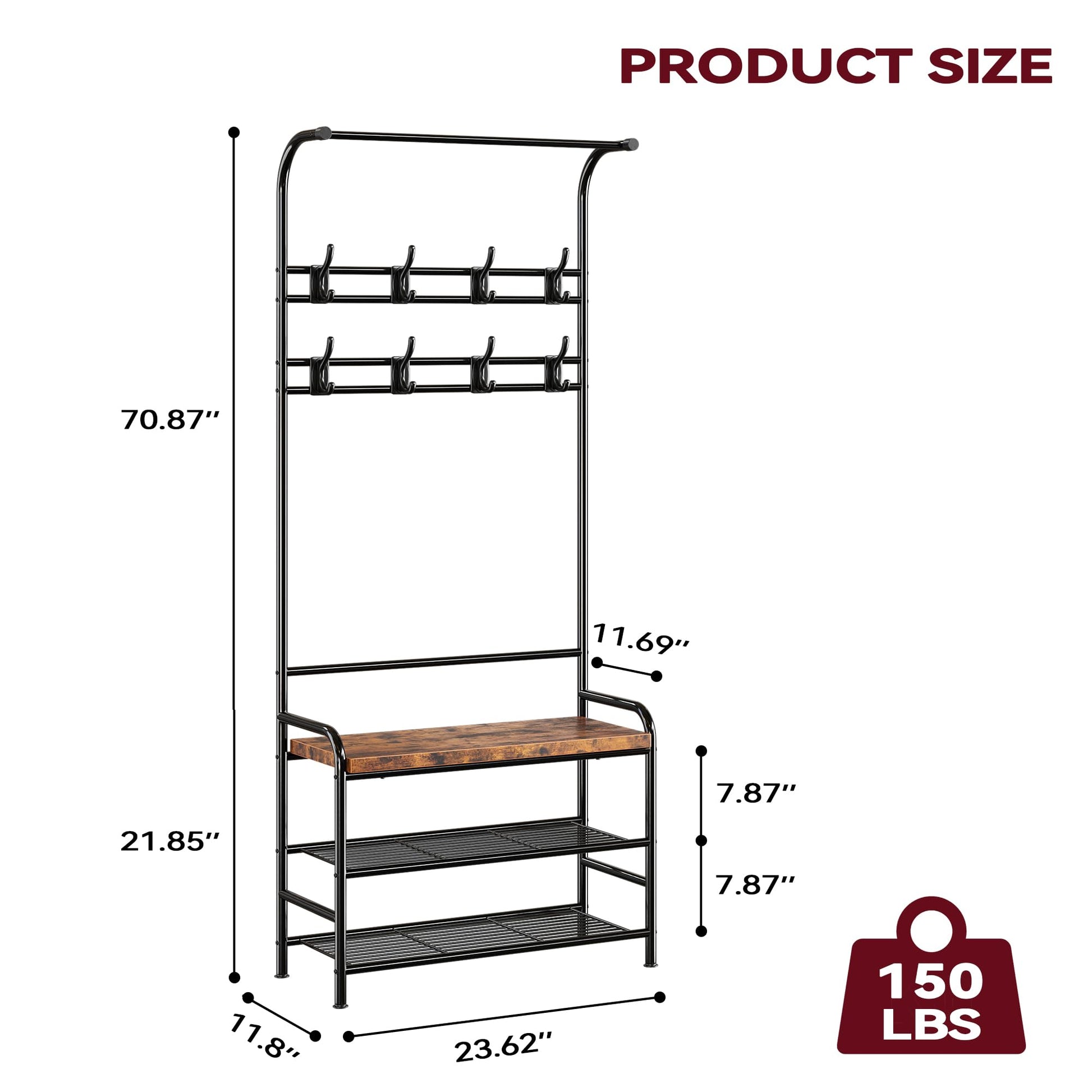 Banc à chaussures Garvee Hall Tree avec 8 crochets, armoire 4 en 1, robuste pour l'entrée et la chambre, 60 cm L x 30 cm l x 180 cm H