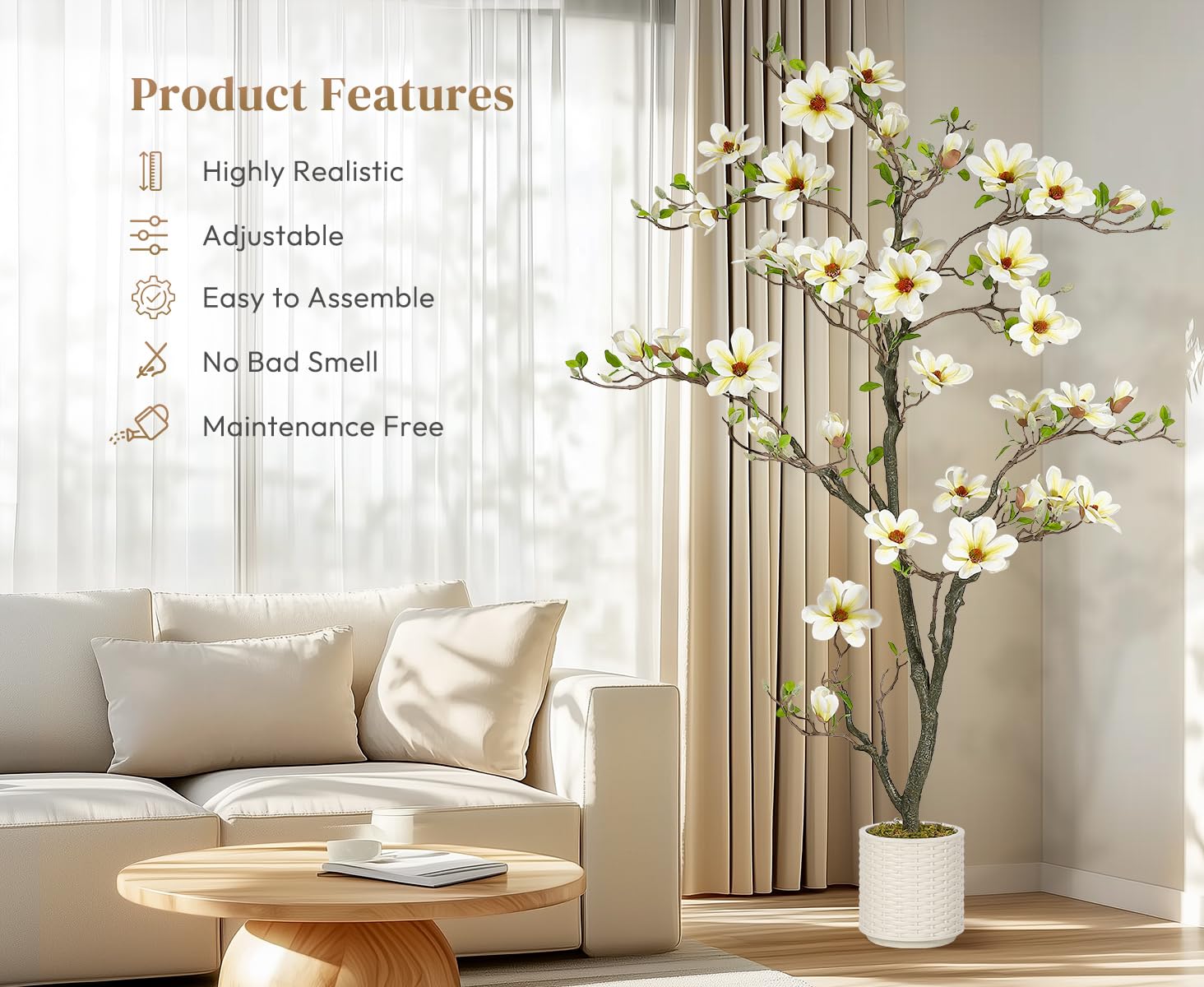 Magnolia artificiel Garvee de 1,8 m (6 pi) blanc avec branches ajustables pour une utilisation intérieure et extérieure, structure en métal, base stable