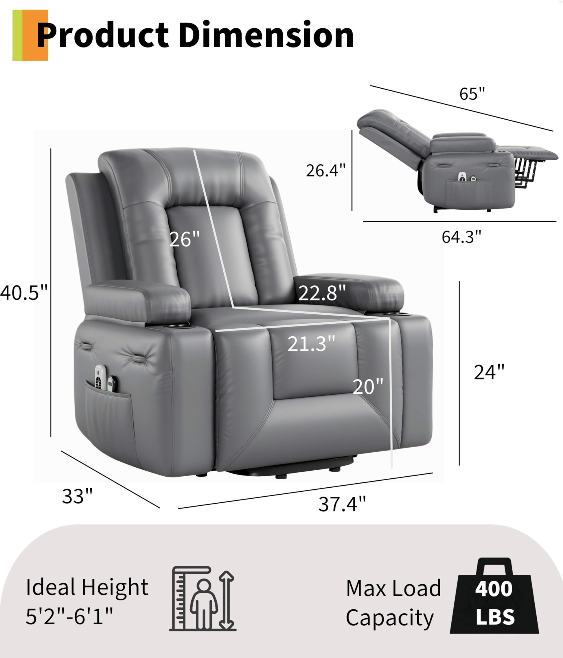 Fauteuil releveur électrique Garvee avec fonction chauffante et massante, réglable, revêtement en similicuir, pour seniors et personnes à mobilité réduite, 98 x 95 x 103 cm, noir