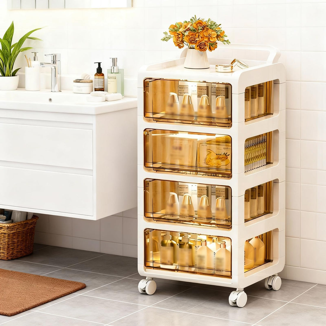 Garvee Organiseur mobile en plastique transparent, avec 4 tiroirs empilables, roulettes pivotantes à 360° avec frein, ergonomique et léger