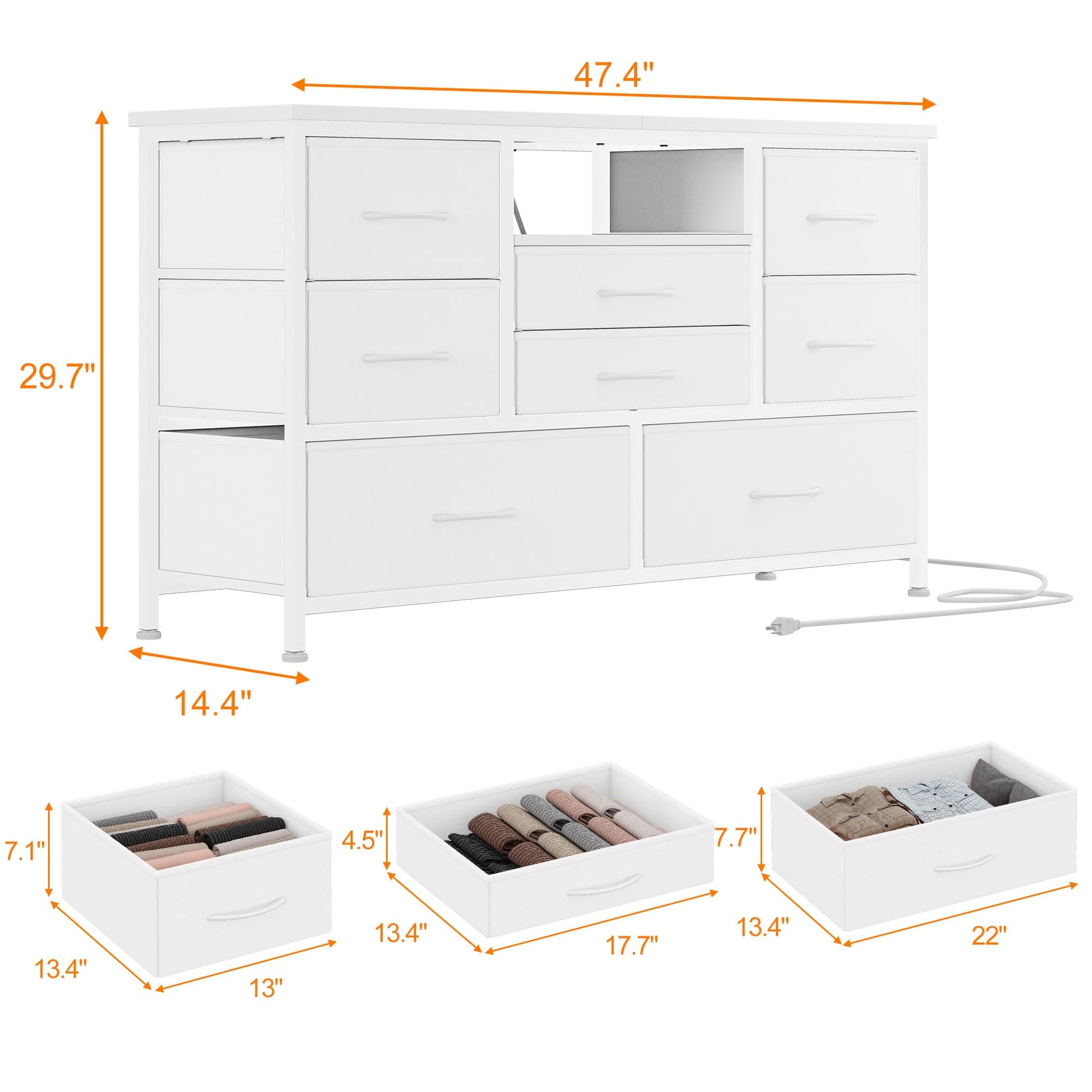 Garvee Meuble TV à 8 tiroirs avec éclairage LED et prise électrique pour salon et chambre, blanc, grand espace de rangement