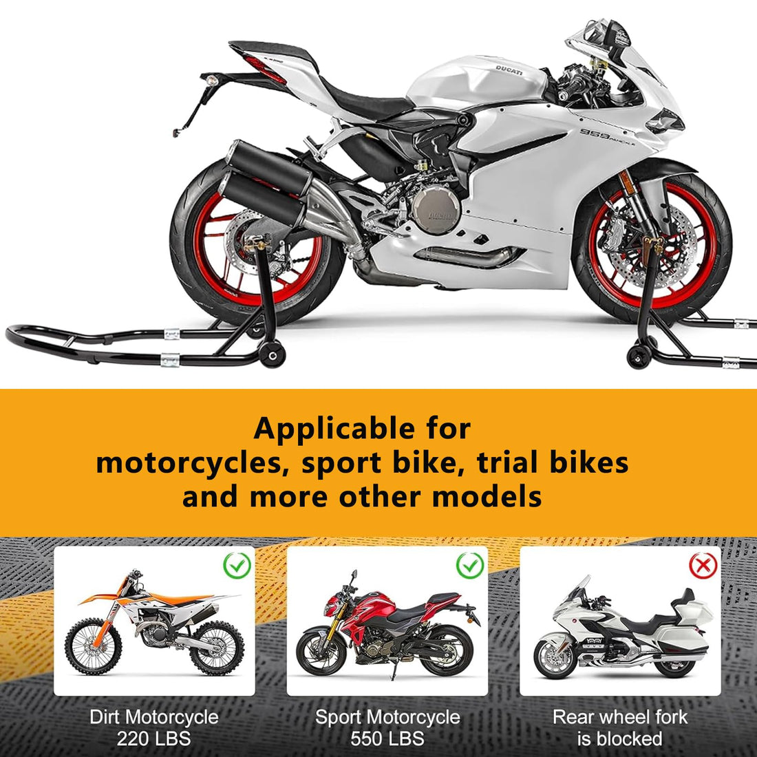 Support moto GARVEE avant et arrière universel, capacité 385 kg, réglable avec adaptateurs à fourche, pour motos sportives et tout-terrain, noir