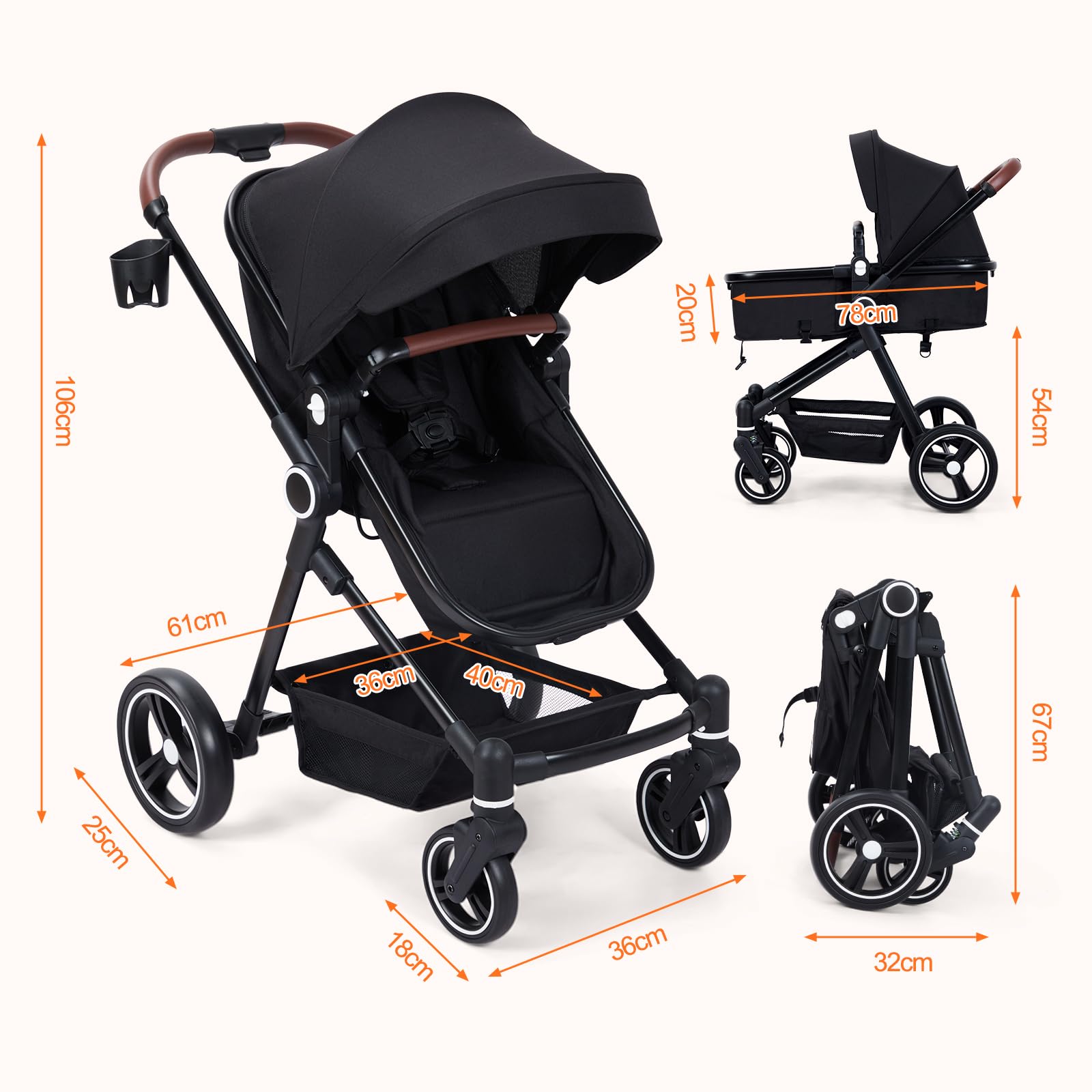 Garvee Poussette Bébé 2 en 1 S600, Assise Haute Vision, Système de Voyage Compact et Léger, Réversible, Pliable, Noir