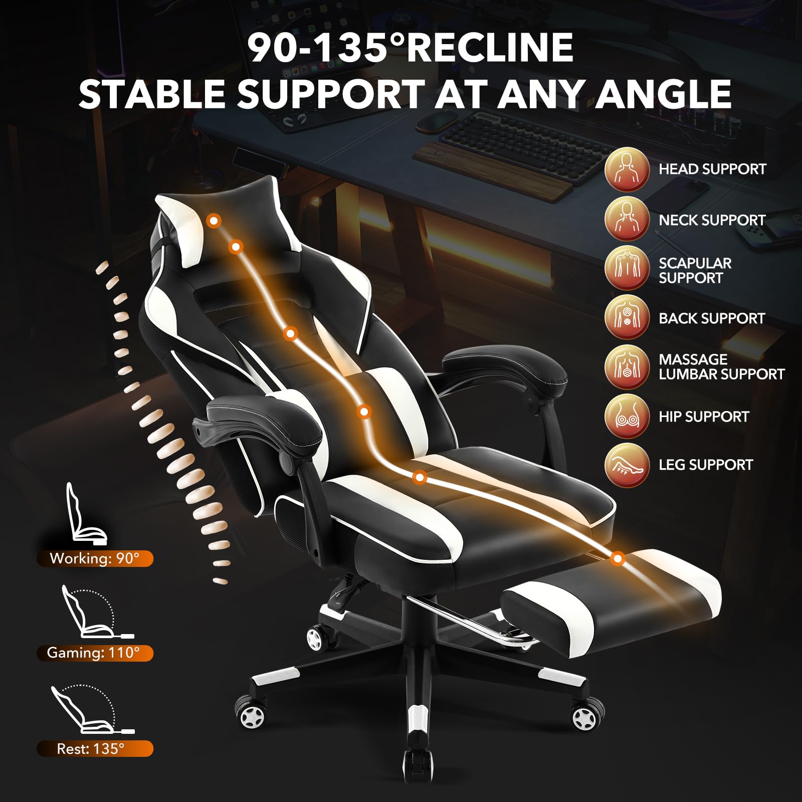 Garvee Chaise gaming ergonomique noir et blanc avec repose-pieds, appui-tête et soutien lombaire, pivotante 360°, hauteur réglable, capacité 136 kg, adulte et ado