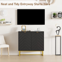 Buffet moderne Garvee 80 cm avec rangement, motif à chevrons, bois et métal, poignées dorées, idéal pour la salle à manger et l'entrée.