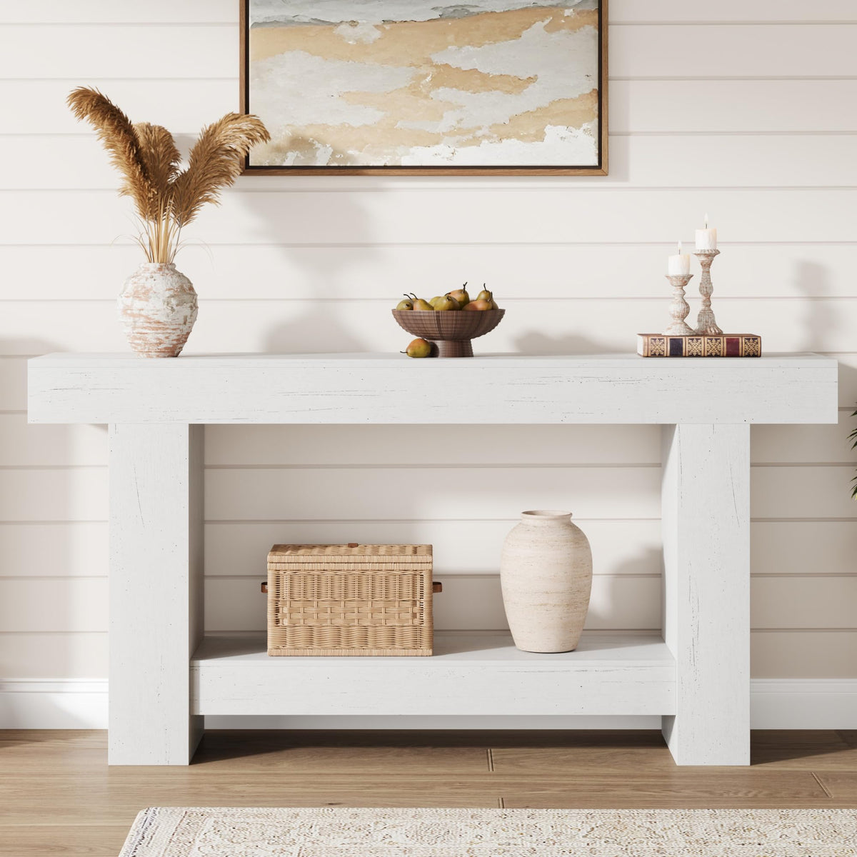 Garvee Table Console 160 cm en Bois Massif avec 2 Étagères, Style Maison de Campagne, pour Salon et Entrée, Blanc