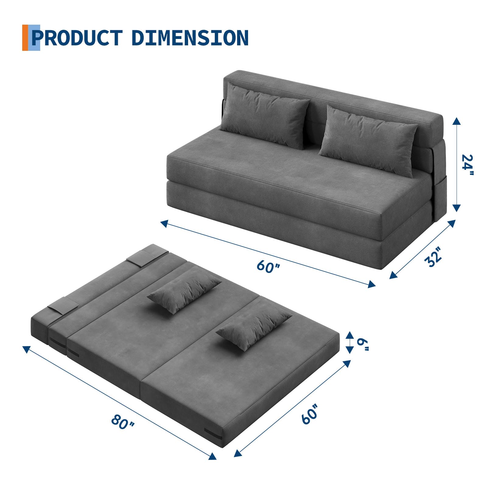 Canapé-lit et fauteuil-lit 4 en 1 Garvee, polyvalent et confortable, en velours côtelé gris foncé, pour salon et chambre d'amis