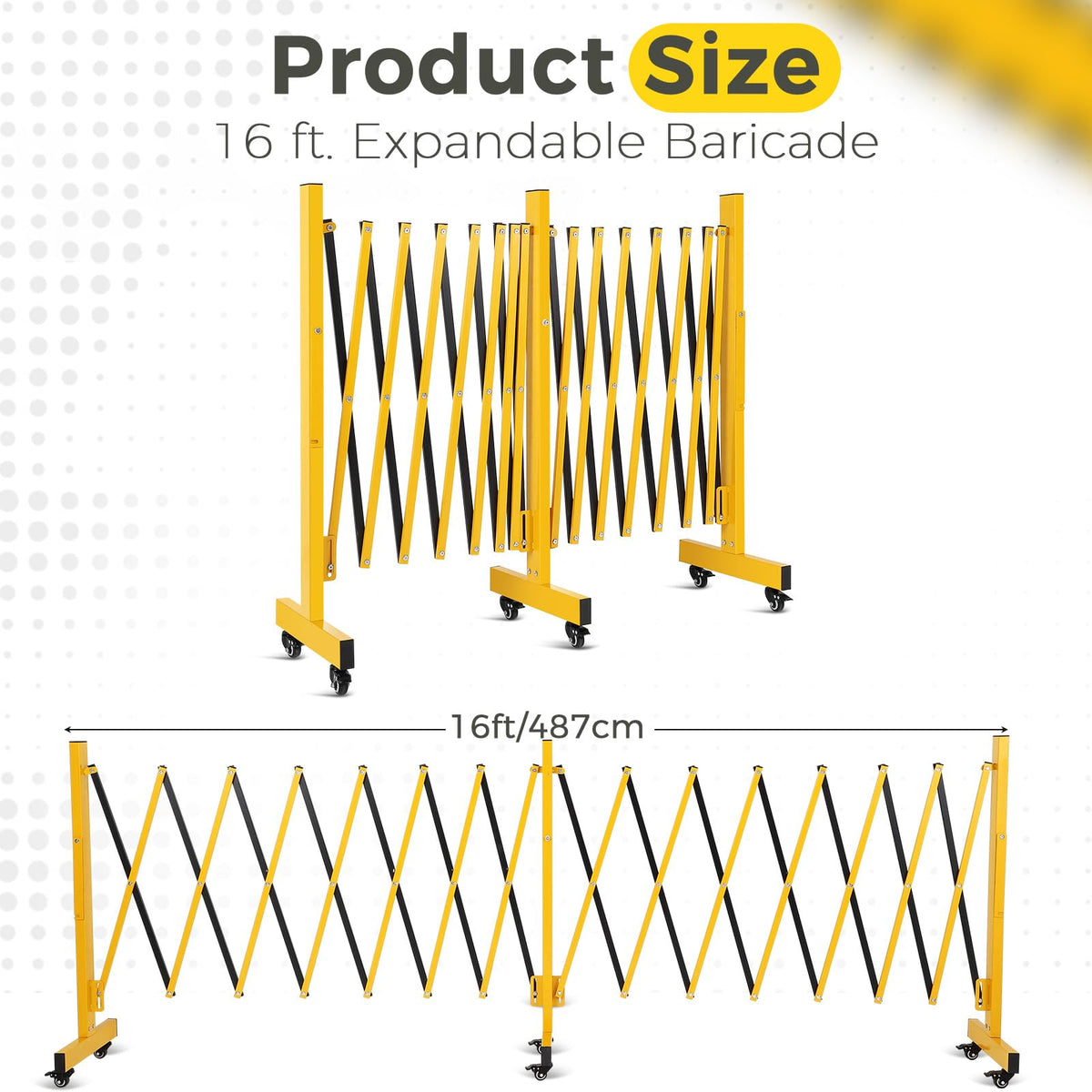 Garvee Barrière de sécurité extensible 488 cm, métal pliable avec roulettes, robuste, pour circulation, jaune et noir
