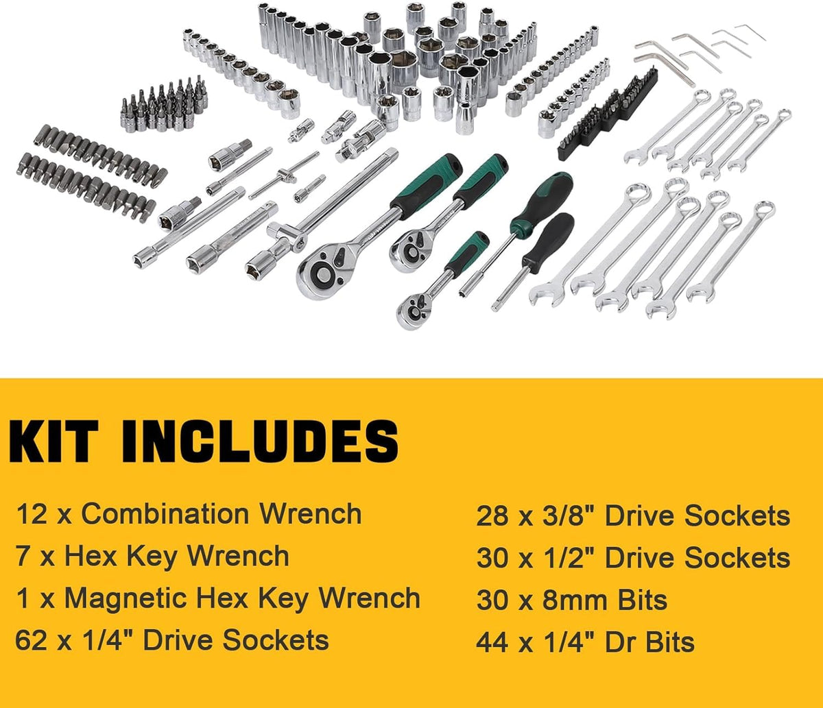 Coffret d'outils Garvee 216 pièces avec entraînements 1/4", 3/8" et 1/2", cliquet à changement rapide 72 dents, coffret robuste pour réparations automobiles et domestiques