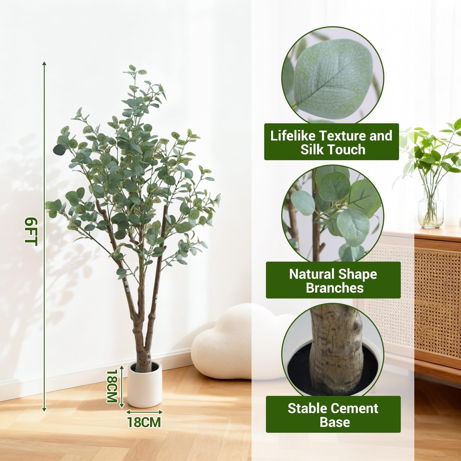 Arbre artificiel d'intérieur Garvee de 1,8 m, réaliste, facile à nettoyer, polyvalent, pour la décoration de bureaux et de fêtes, vert